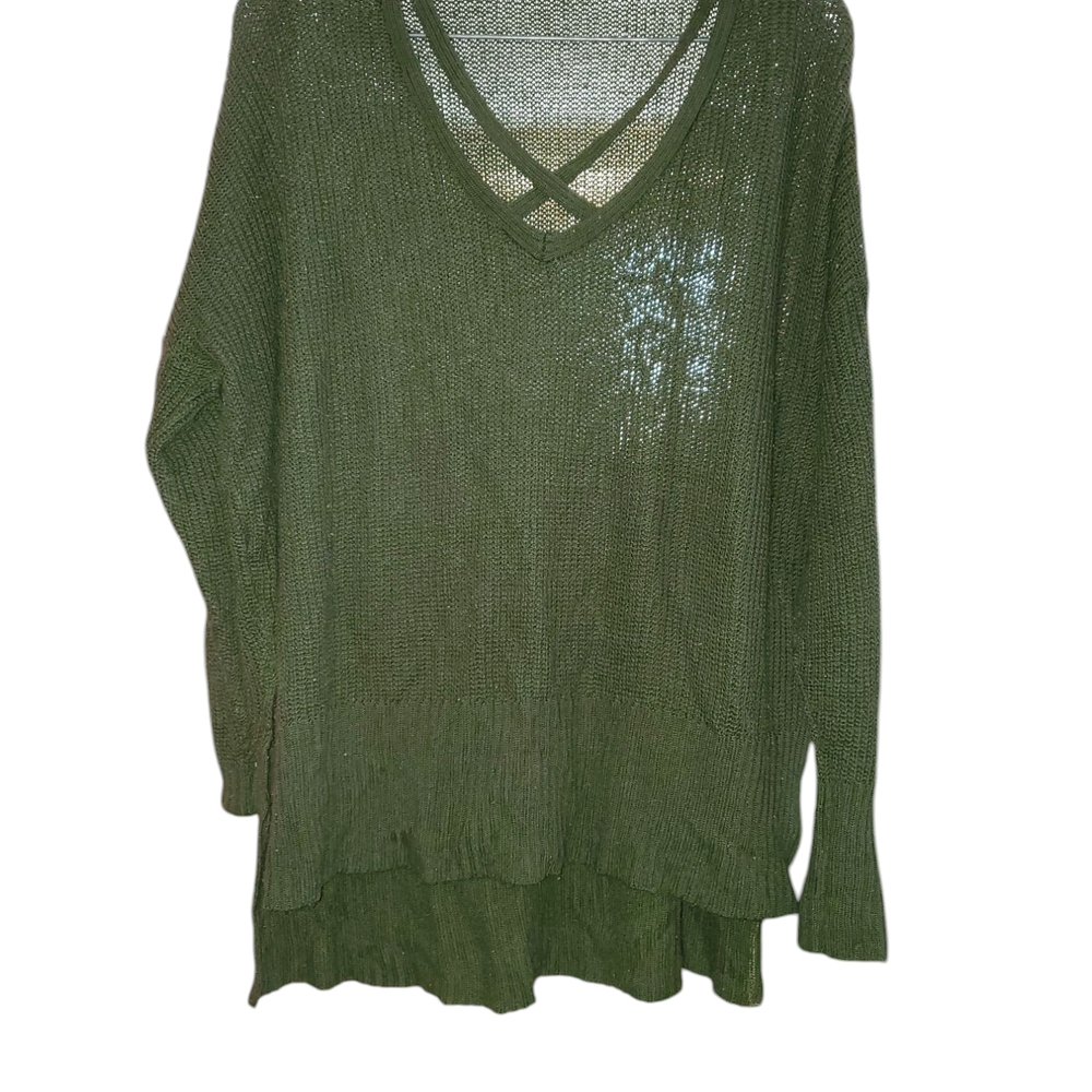Maurices Green V-Neck Sweater with Crisscross Detail